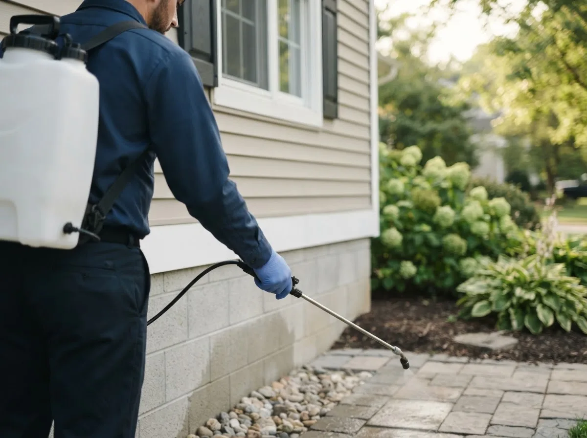Pest control technician inspecting a home in Rossville, IL